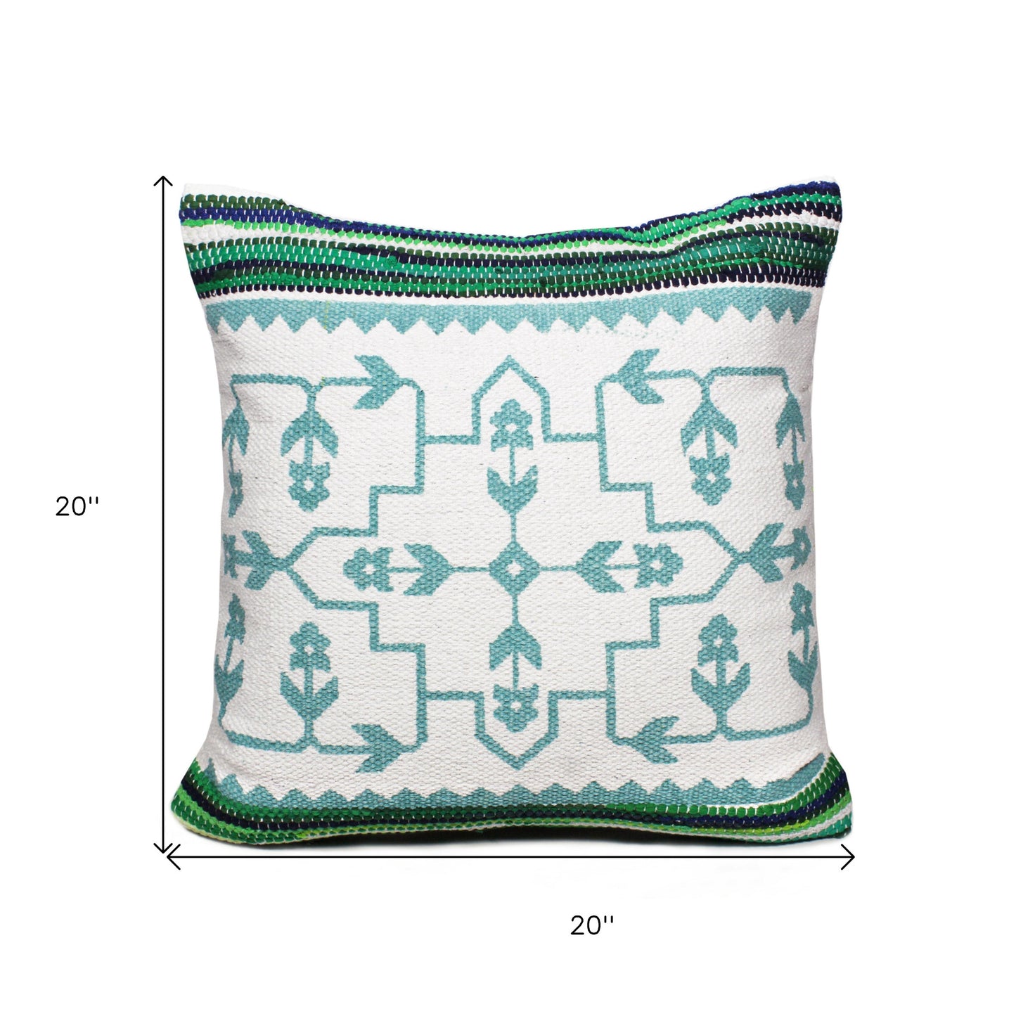 20" X 20" Green White And Blue 100% Cotton Geometric Zippered Pillow