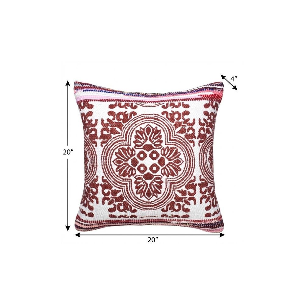 20" X 20" Red White Purple And Pink 100% Cotton Geometric Zippered Pillow