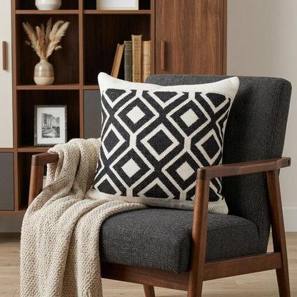 20" X 20" Deep Navy And White 100% Cotton Geometric Zippered Pillow