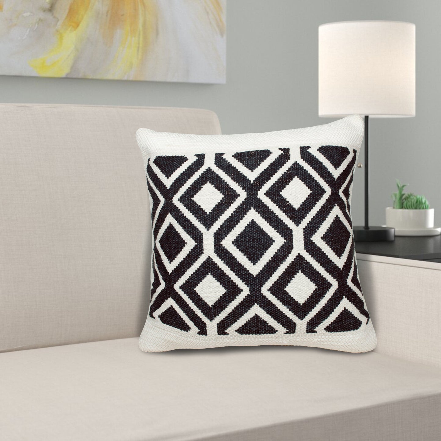 20" X 20" Deep Navy And White 100% Cotton Geometric Zippered Pillow