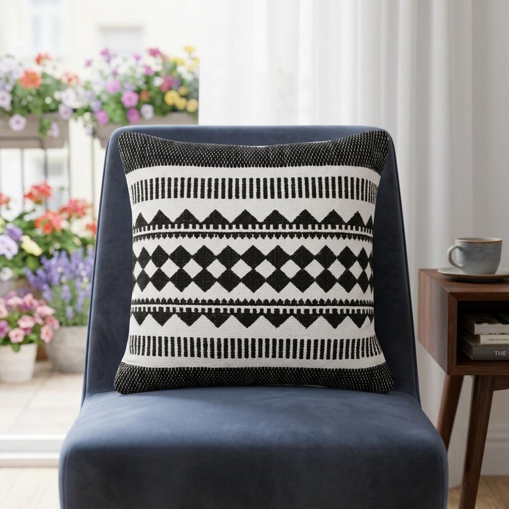 20" Black and White Geometric Cotton Throw Pillow