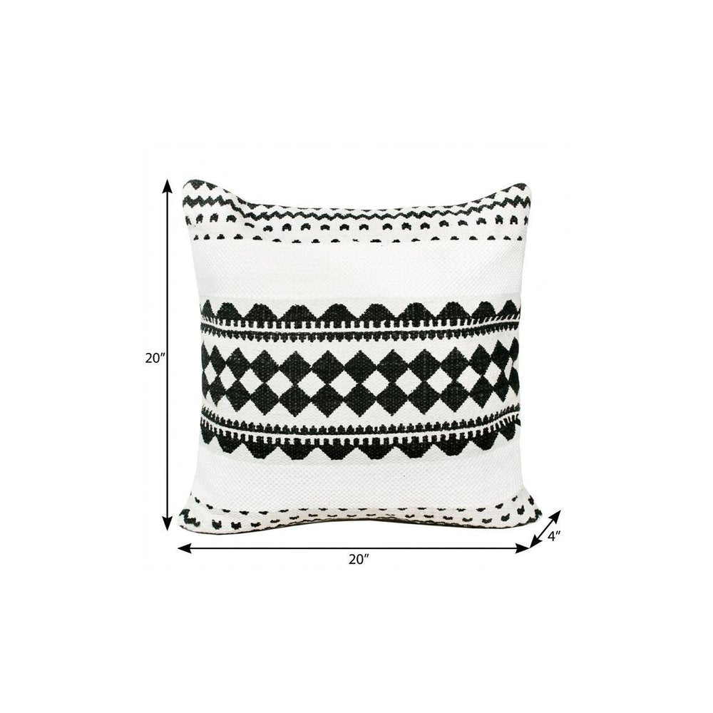 20" X 20" Black And White 100% Cotton Geometric Zippered Pillow