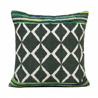 20" X 20" Green Blue And White 100% Cotton Geometric Zippered Pillow