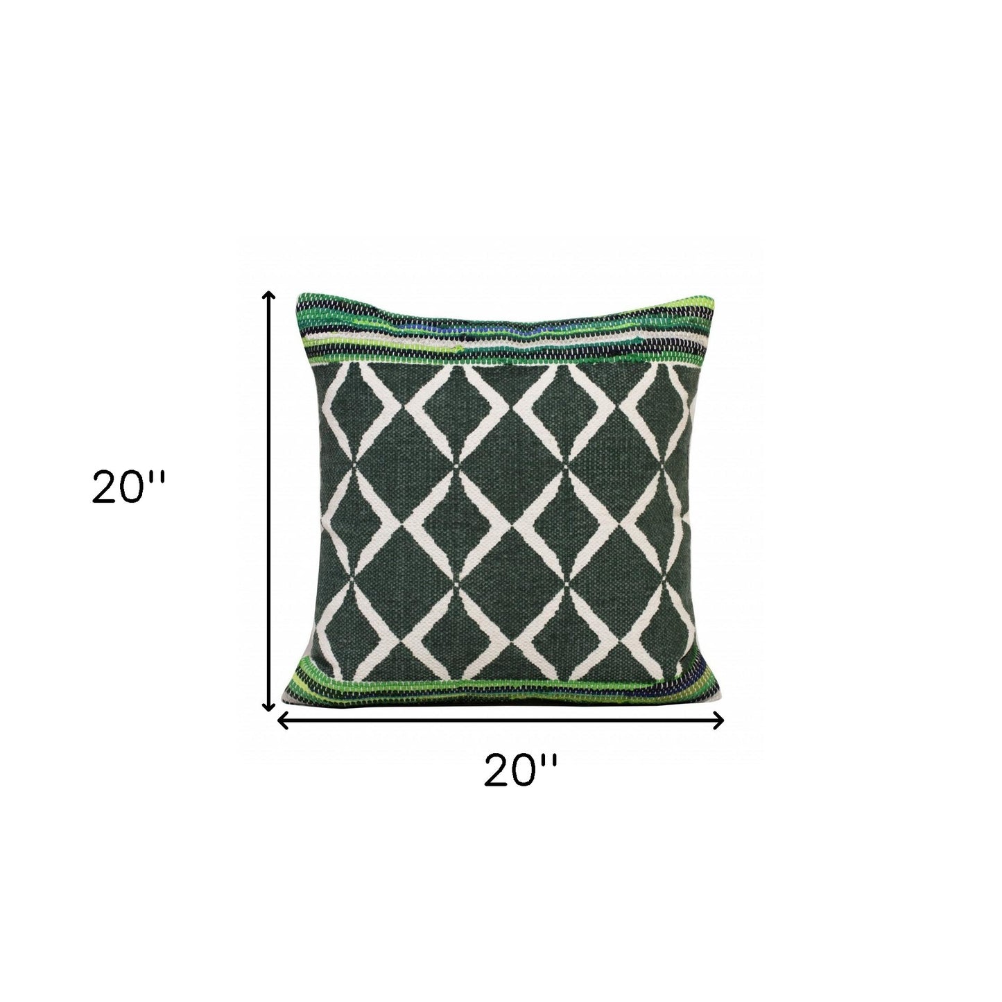 20" X 20" Green Blue And White 100% Cotton Geometric Zippered Pillow