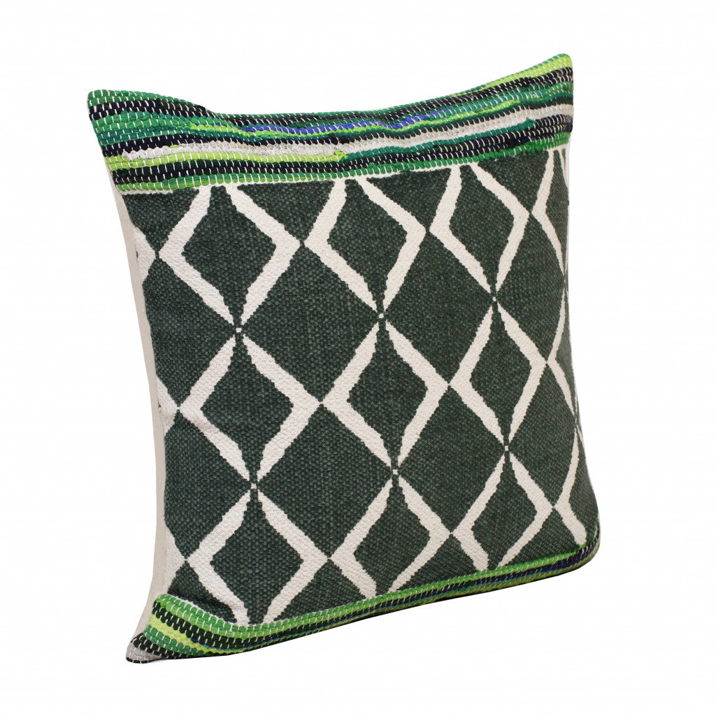 20" X 20" Green Blue And White 100% Cotton Geometric Zippered Pillow