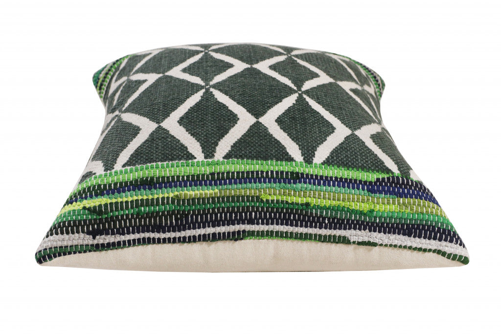 20" X 20" Green Blue And White 100% Cotton Geometric Zippered Pillow