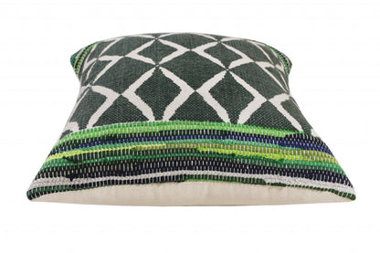 20" X 20" Green Blue And White 100% Cotton Geometric Zippered Pillow