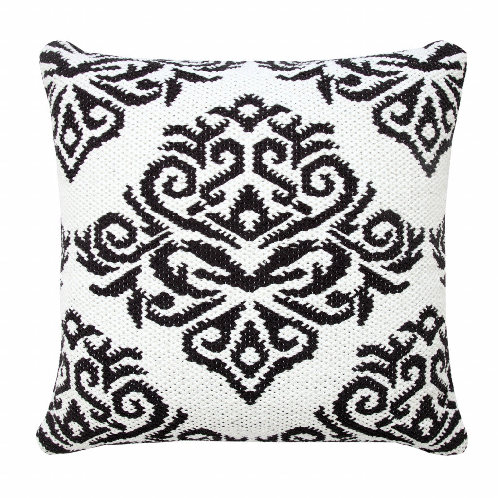 20" X 20" White And Black 100% Cotton Damask Zippered Pillow