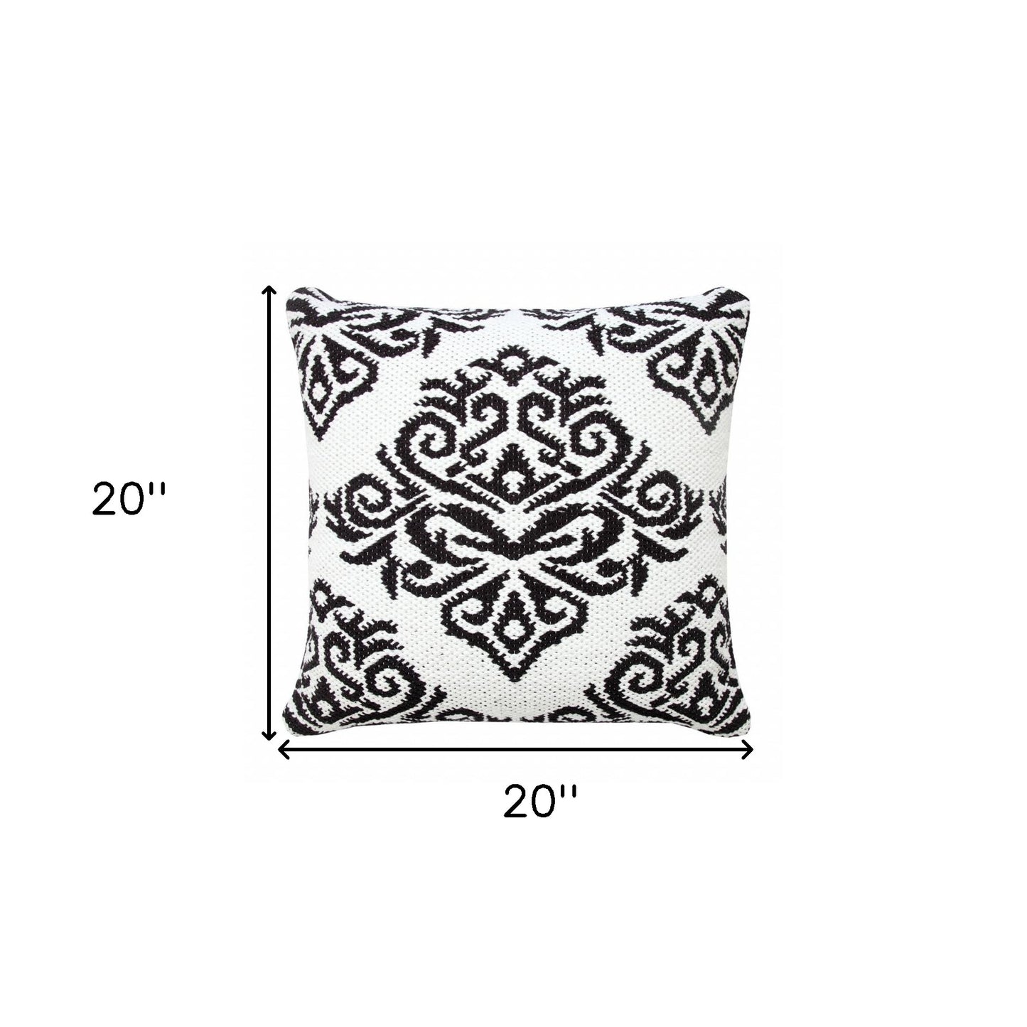 20" X 20" White And Black 100% Cotton Damask Zippered Pillow