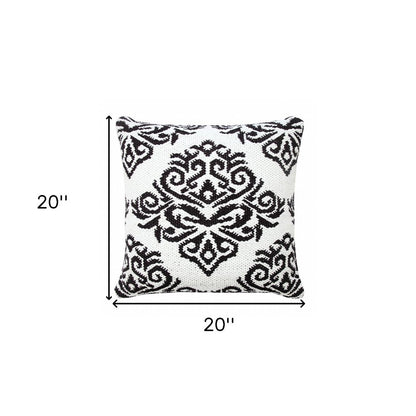 20" X 20" White And Black 100% Cotton Damask Zippered Pillow