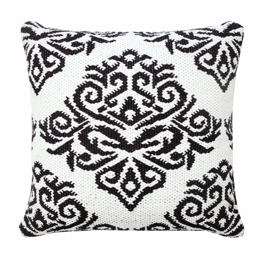 20" Blue And White Damask Cotton Throw Pillow