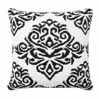 20" Blue And White Damask Cotton Throw Pillow