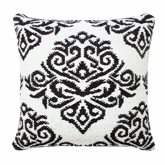20" Blue And White Damask Cotton Throw Pillow