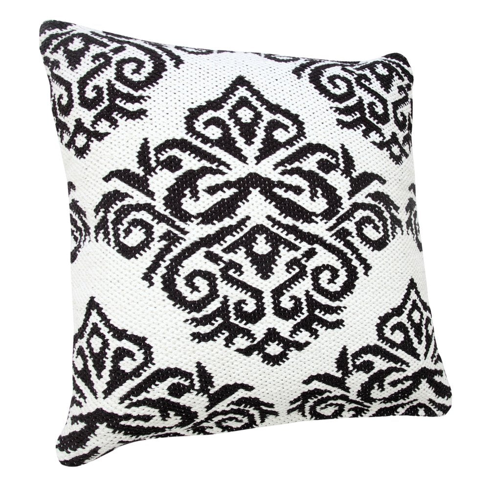 20" Blue And White Damask Cotton Throw Pillow