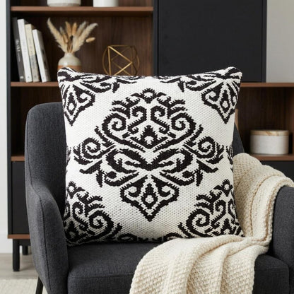 20" Blue And White Damask Cotton Throw Pillow