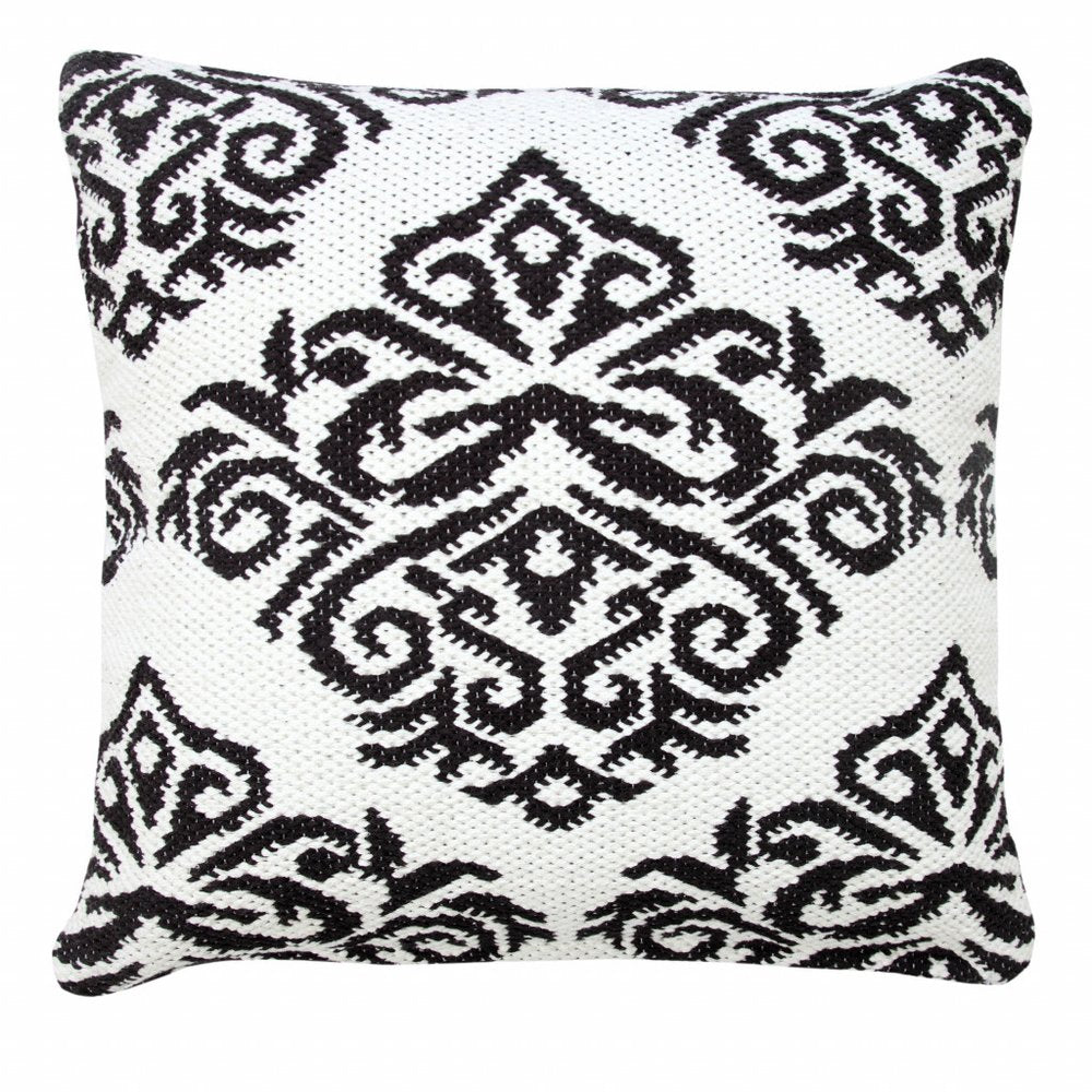 20" Blue And White Damask Cotton Throw Pillow