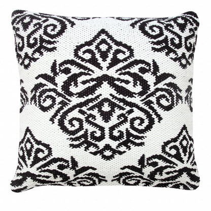 20" Blue And White Damask Cotton Throw Pillow