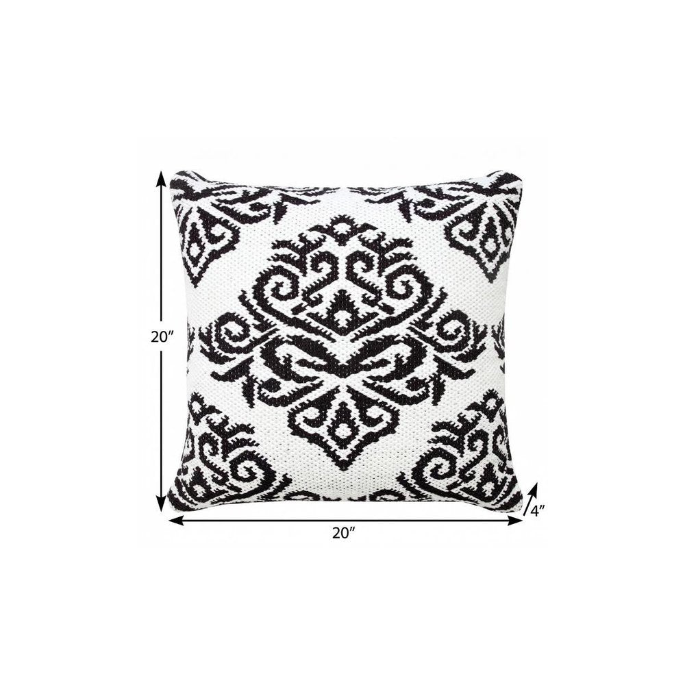20" X 20" White And Black 100% Cotton Damask Zippered Pillow