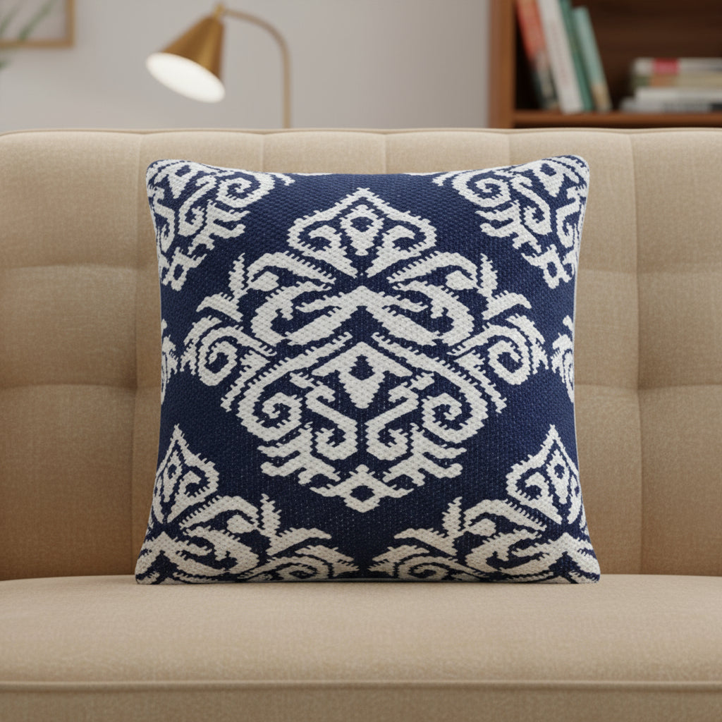 20" X 20" White And Black 100% Cotton Damask Zippered Pillow