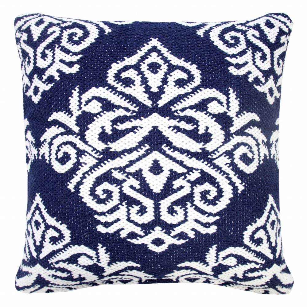 20" Blue And White Damask Cotton Throw Pillow