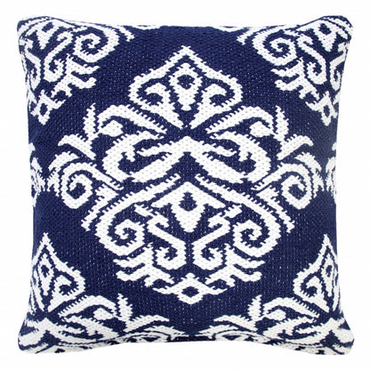 20" Blue And White Damask Cotton Throw Pillow