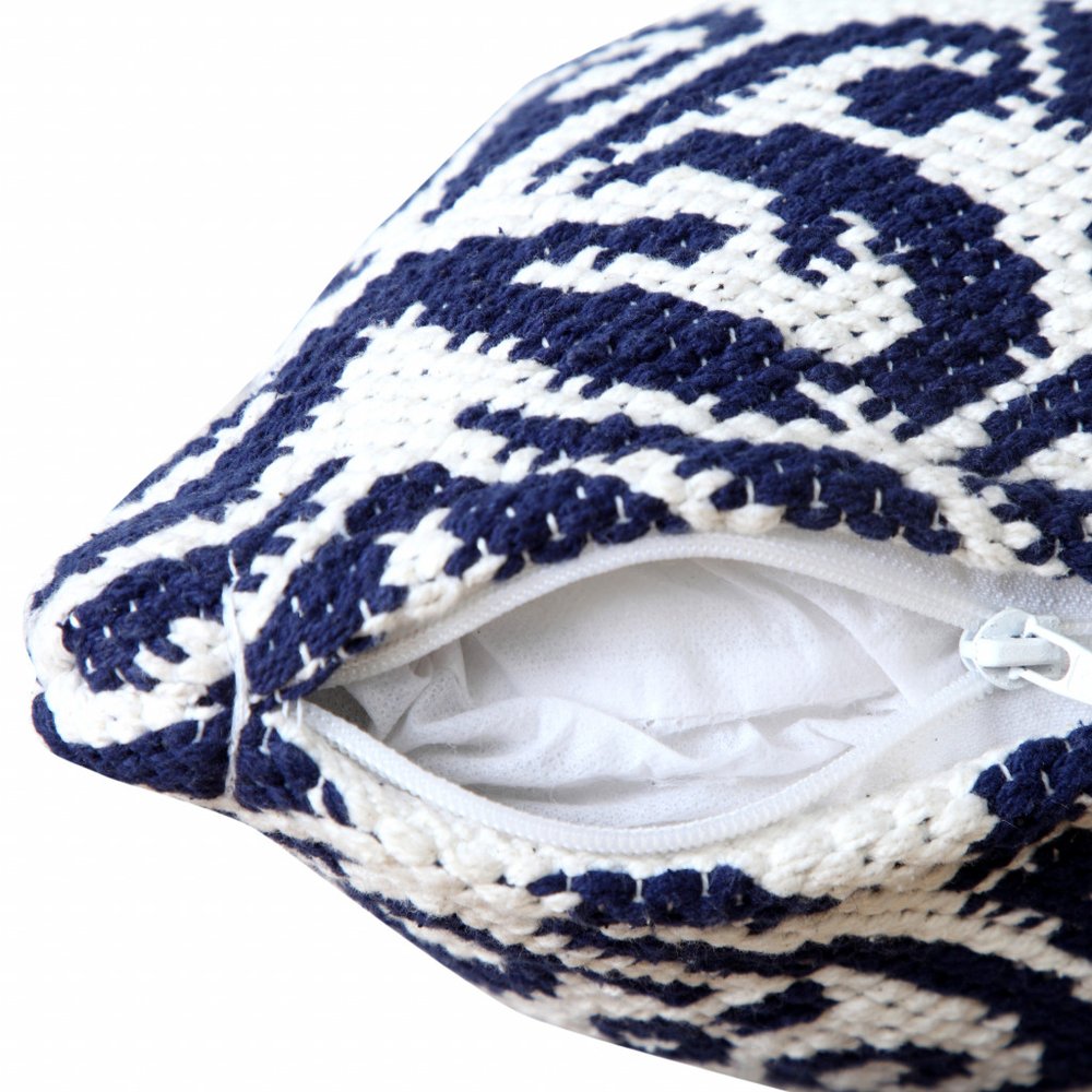 20" Blue And White Damask Cotton Throw Pillow