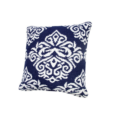20" Blue And White Damask Cotton Throw Pillow