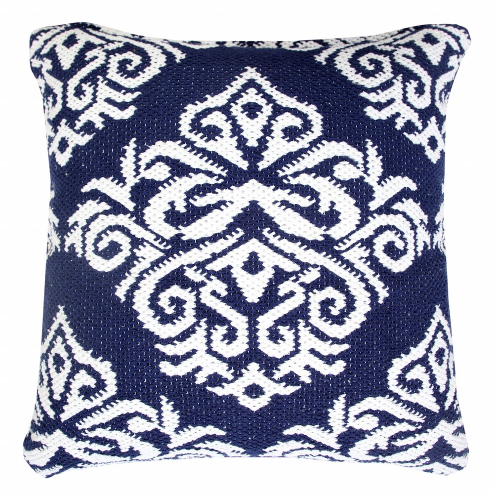 20" Blue And White Damask Cotton Throw Pillow