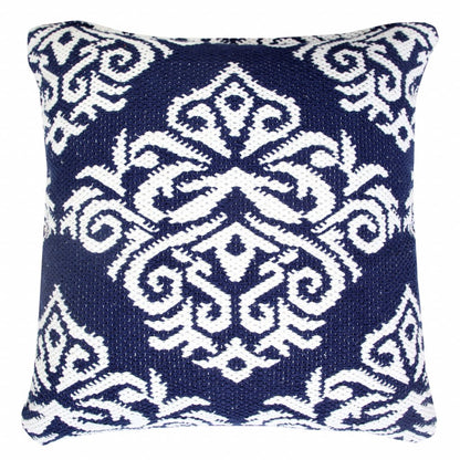 20" Blue And White Damask Cotton Throw Pillow