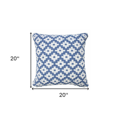 20" X 20" Blue And White 100% Cotton Geometric Zippered Pillow