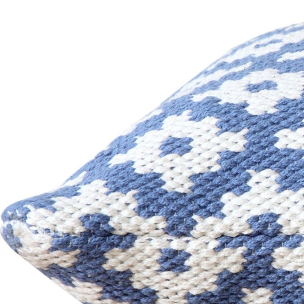 20" X 20" Blue And White 100% Cotton Geometric Zippered Pillow
