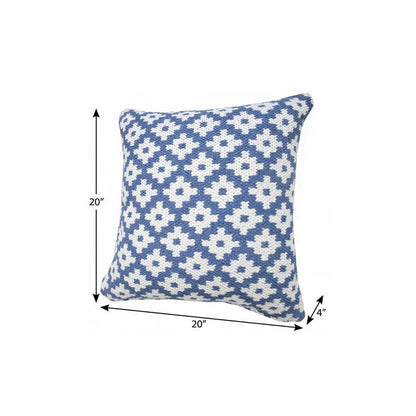 20" X 20" Blue And White 100% Cotton Geometric Zippered Pillow