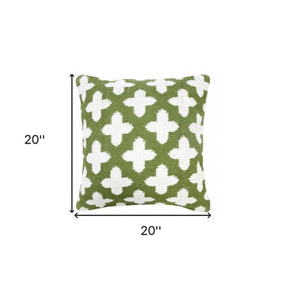20" X 20" Green And White 100% Cotton Geometric Zippered Pillow