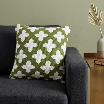 20" X 20" Green And White 100% Cotton Geometric Zippered Pillow