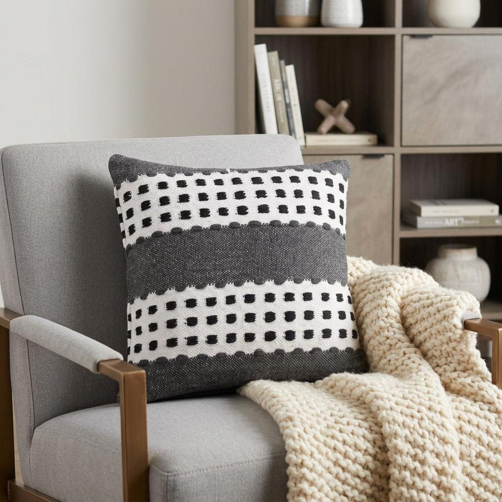20" X 20" Yellow Black And White 100% Cotton Striped Zippered Pillow