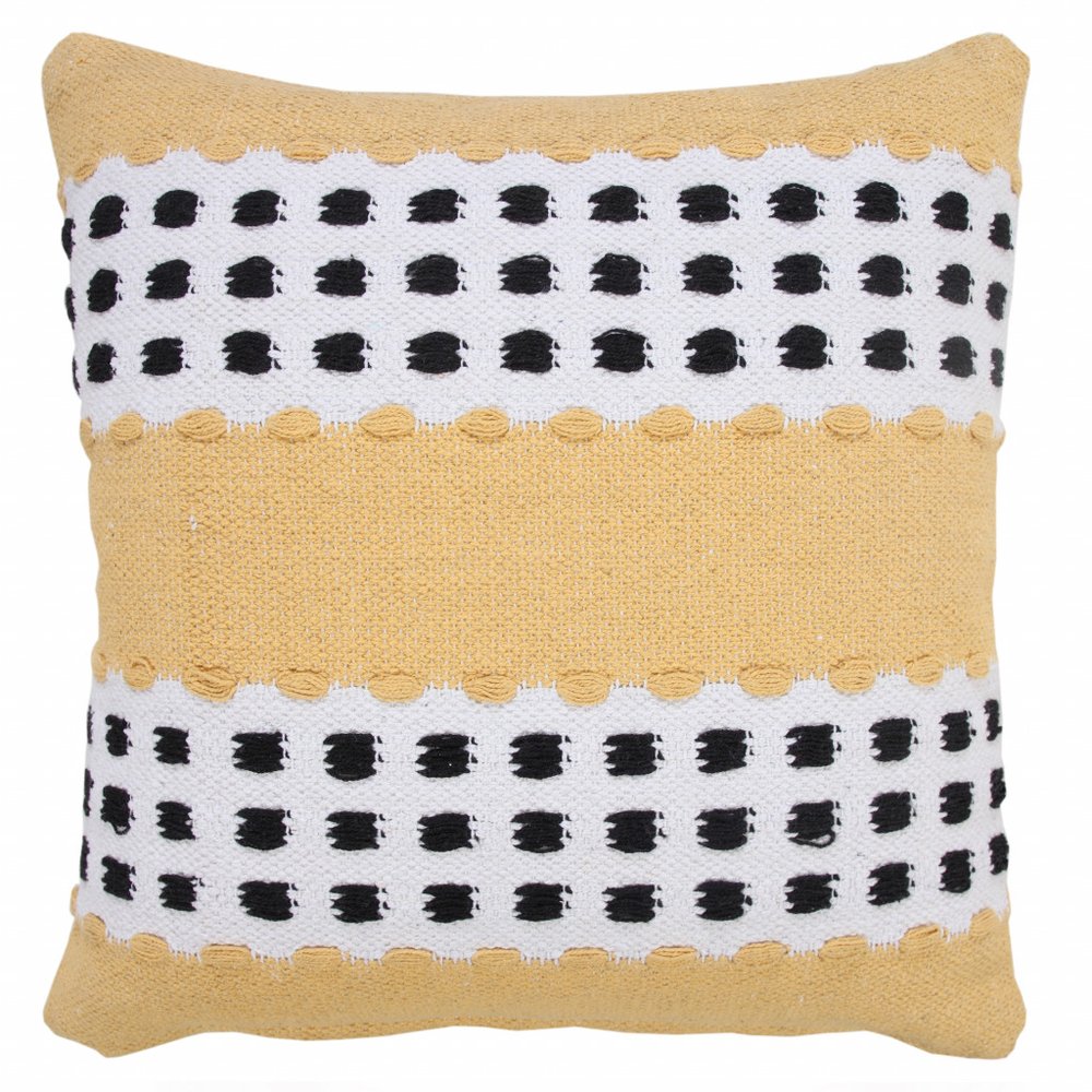 20" X 20" Yellow Black And White 100% Cotton Striped Zippered Pillow