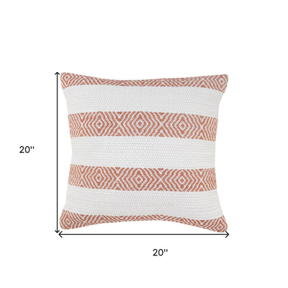 20" X 20" Orange And White 100% Cotton Striped Zippered Pillow