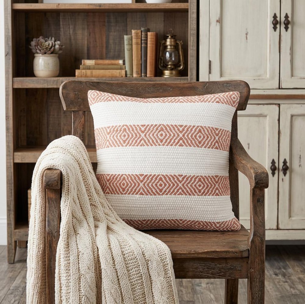 20" Orange And White Geo Striped Cotton Throw Pillow