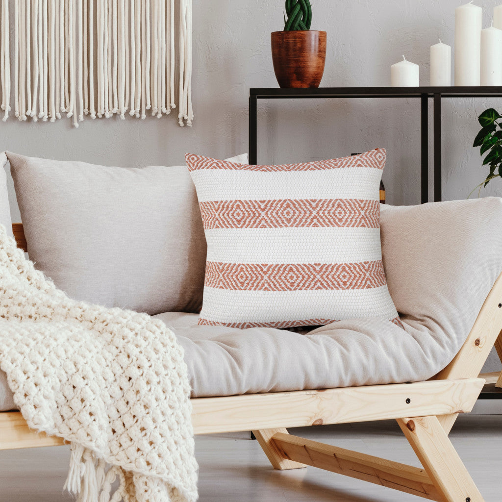 20" X 20" Orange And White 100% Cotton Striped Zippered Pillow