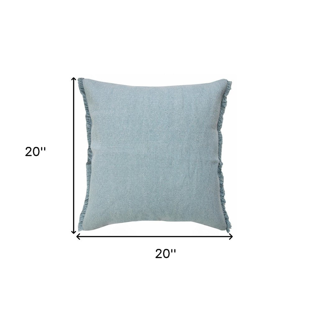20" Light Blue Cotton Throw Pillow with Fringe
