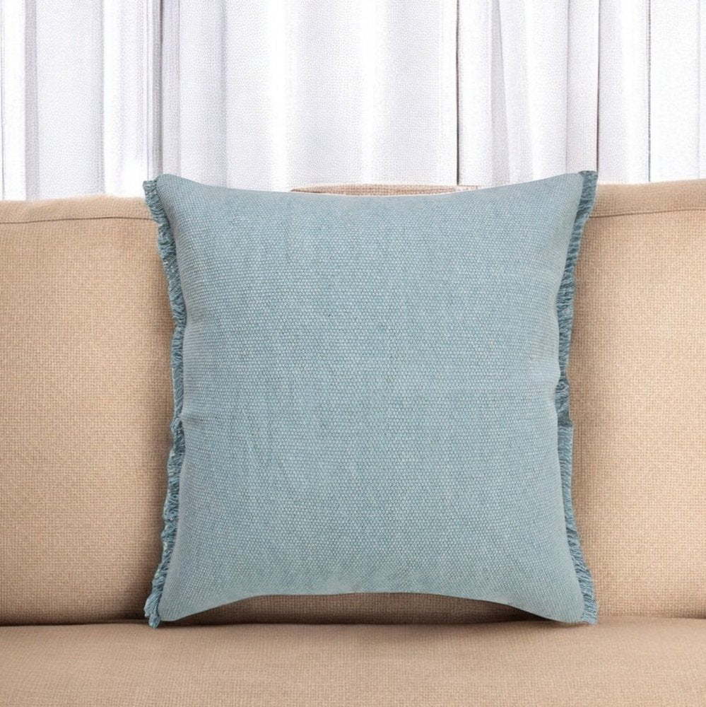 20" Light Blue Cotton Throw Pillow with Fringe