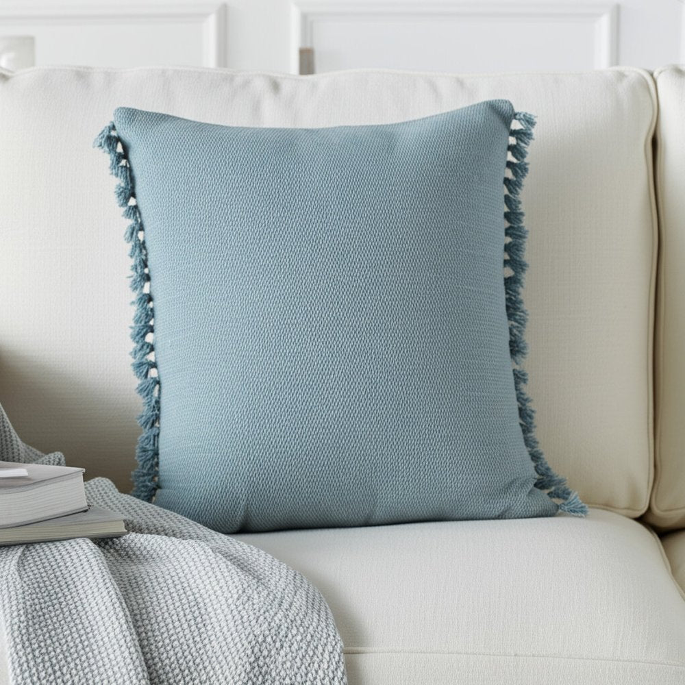 20" Light Blue Cotton Throw Pillow with Fringe