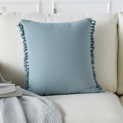 20" Light Blue Cotton Throw Pillow with Fringe