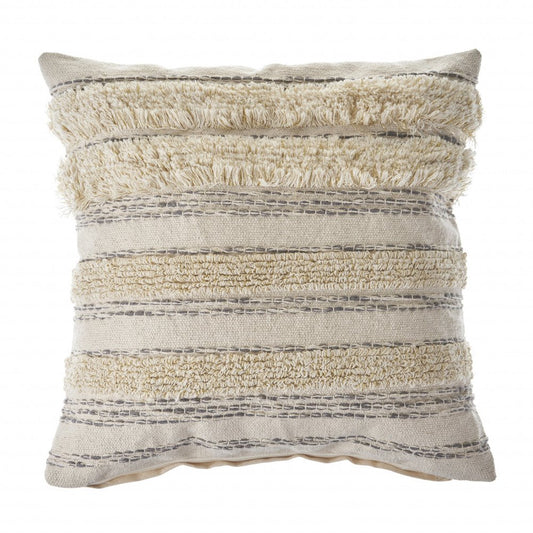 20" Cream Gray And Tan Cotton Striped Throw Pillow