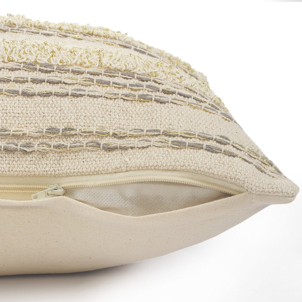 20" Cream Gray And Tan Cotton Striped Throw Pillow