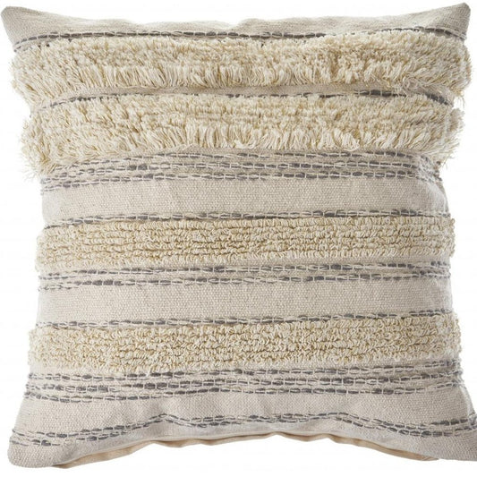 20" Cream Gray And Tan Cotton Striped Throw Pillow