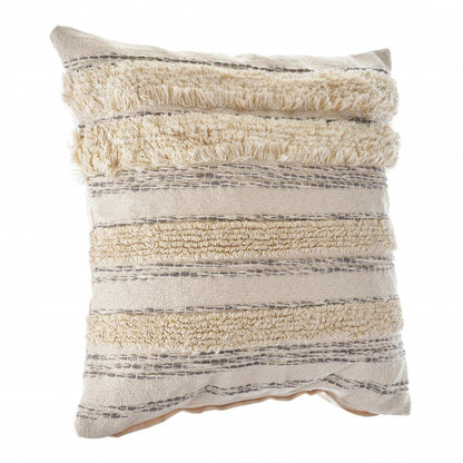 20" Cream Gray And Tan Cotton Striped Throw Pillow