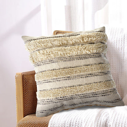 20" X 20" Cream Gray And Gold 100% Cotton Striped Zippered Pillow