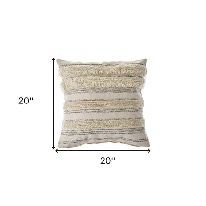 20" Cream Gray And Tan Cotton Striped Throw Pillow