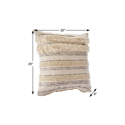 20" Cream Gray And Tan Cotton Striped Throw Pillow